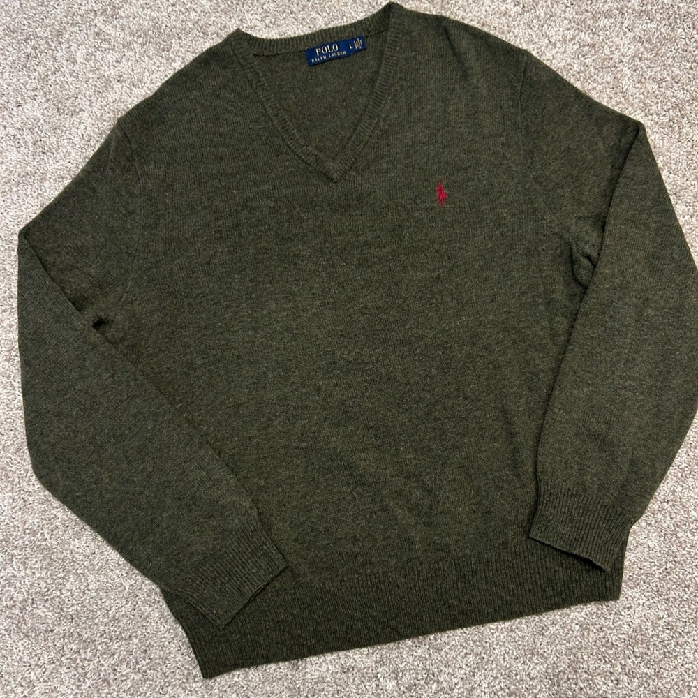 Polo Ralph Lauren Wool V-Neck Sweater Men Large Green Pony Pullover Preppy